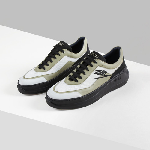 Bay leaf, cream and black sneakers in calfskin, technical fabric and suede calfskin