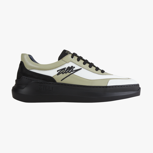 Bay leaf, cream and black sneakers in calfskin, technical fabric and suede calfskin