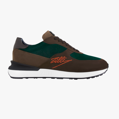 Brown and pine green run sneakers in suede calfskin, pony-style calfskin and smooth calfskin