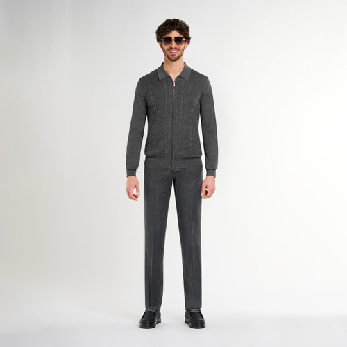 Charcoal grey zipped cardigan, "Braid Stitch" jacquard weave