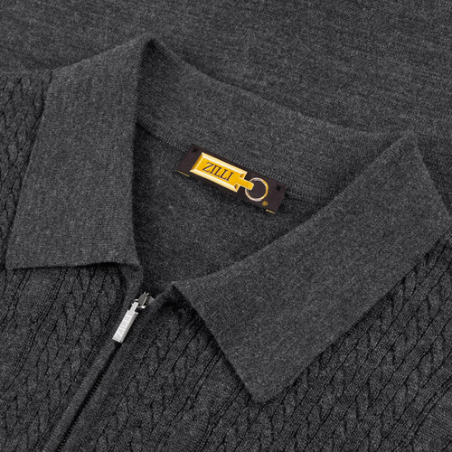 Charcoal grey zipped cardigan, "Braid Stitch" jacquard weave