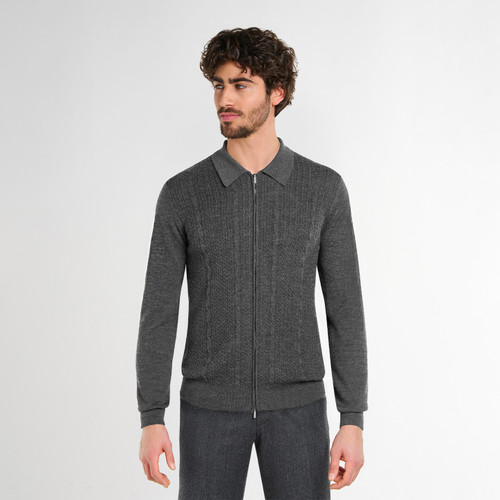 Charcoal grey zipped cardigan, "Braid Stitch" jacquard weave