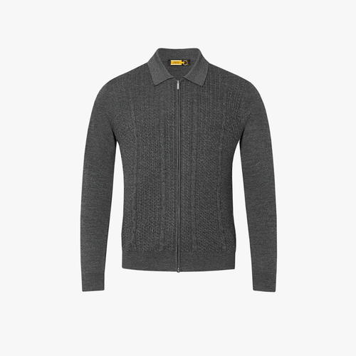 Charcoal grey zipped cardigan, "Braid Stitch" jacquard weave