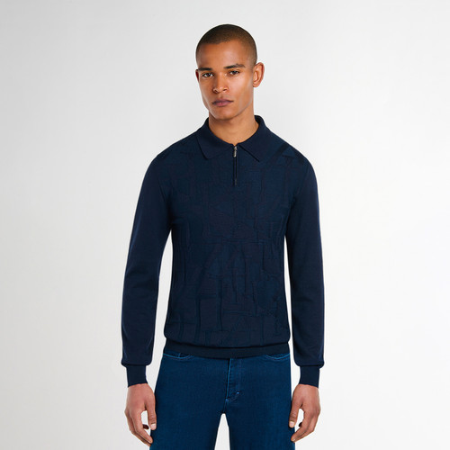 Blue and navy polo shirt, "Jaipur Reflection" jacquard weave