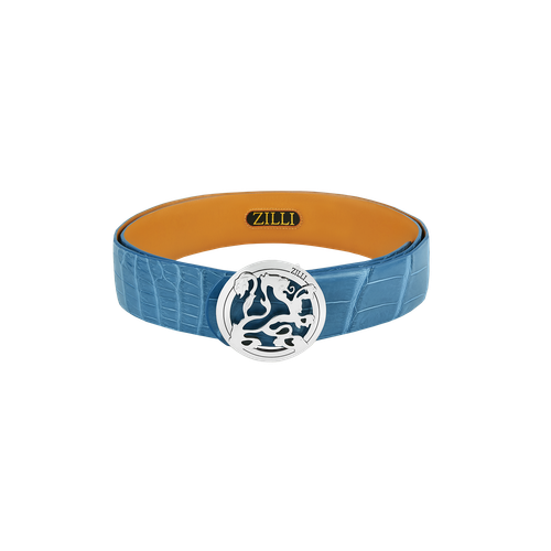 Blue cloud belt in matt crocodile, Lion buckle, width 40mm