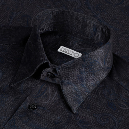 Chemise gris anthracite, motif imprimé cachemire bleu