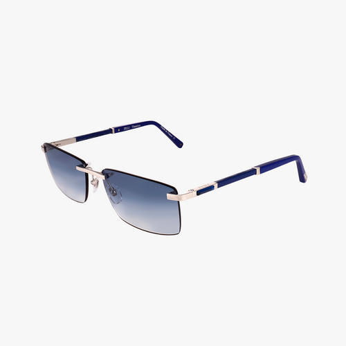 Silver and blue LEV sunglasses, blue lenses