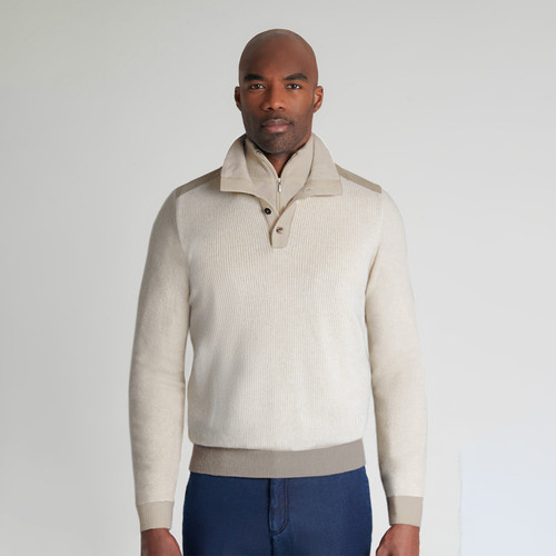 Beige trompe-l'œil full-zip sweater, double collar