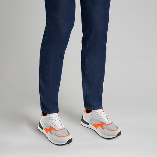 Grey, orange and white run sneakers in rubber calfskin, technical fabric and calfskin