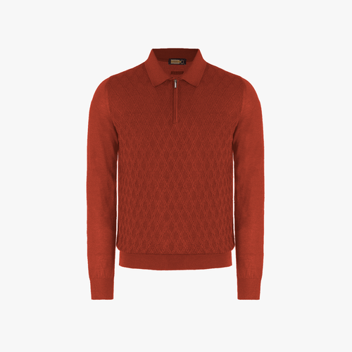 Reddish orange zipped polo shirt, "Micro lozenges" jacquard weave