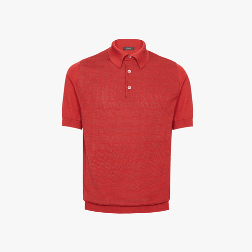 Polo boutonné rouge brique, tissage jacquard « Intersection », détail en crocodile