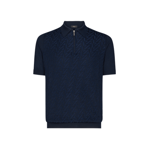 Navy blue zipped polo shirt, "Zig Zag" jacquard weave