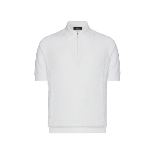 White zipped polo shirt, "Zig Zag" jacquard weave White zipped polo shirt, "Zig Zag" jacquard weave