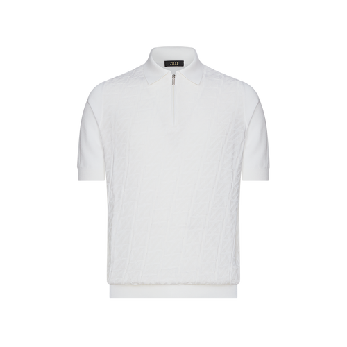 White zipped polo shirt, "Zig Zag" jacquard weave