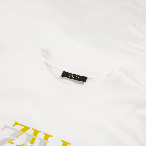 T-shirt blanc, broderie "ZILLI Treble" grise et jaune T-shirt blanc, broderie "ZILLI Treble" grise et jaune