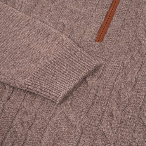 Pull col cheminée zippé taupe, motif jacquard torsades
