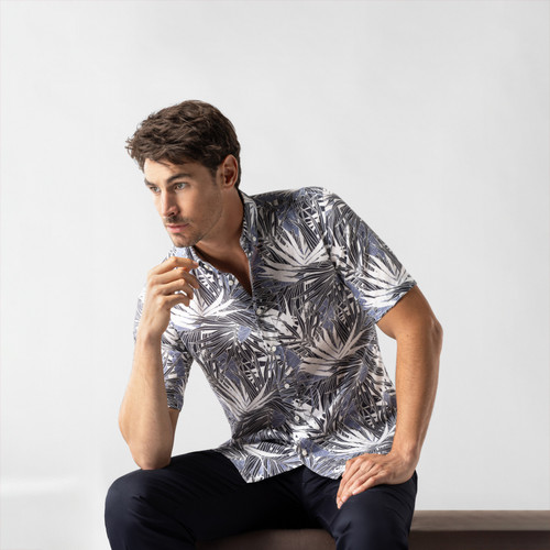 Navy-blue, slate-blue and white shirt, palm tree print pattern