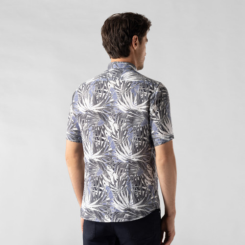 Navy-blue, slate-blue and white shirt, palm tree print pattern