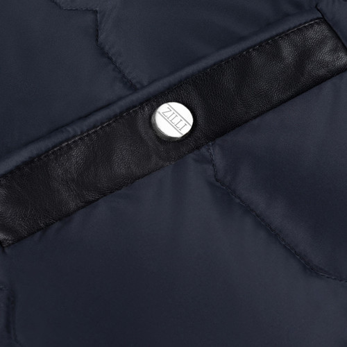 Navy-blue sleeveless padded coat, removable hood