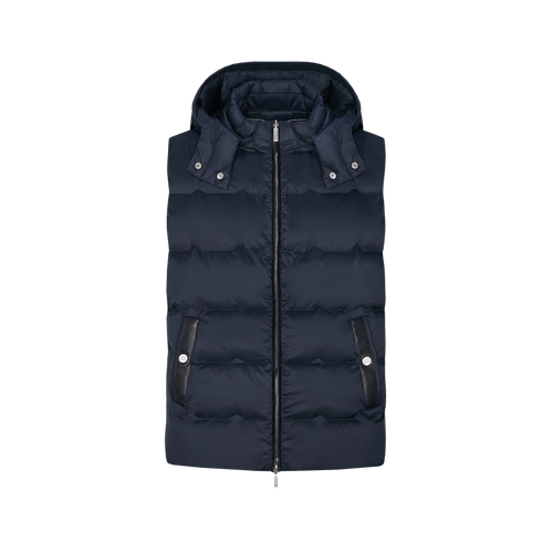 Navy-blue sleeveless padded coat, removable hood