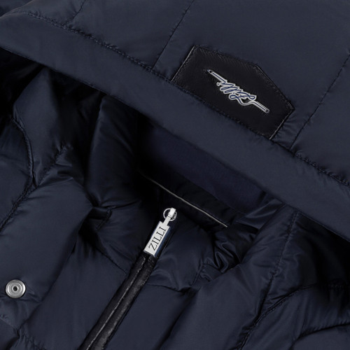 Navy-blue sleeveless padded coat, removable hood