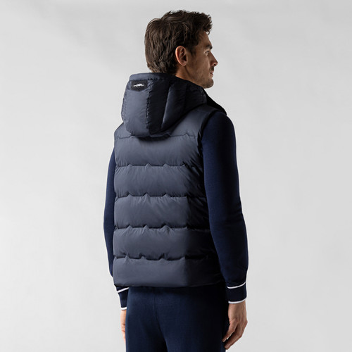 Navy-blue sleeveless padded coat, removable hood