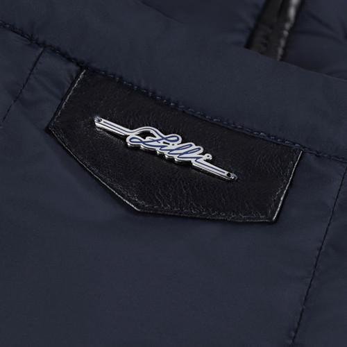 Navy-blue sleeveless padded coat, removable hood