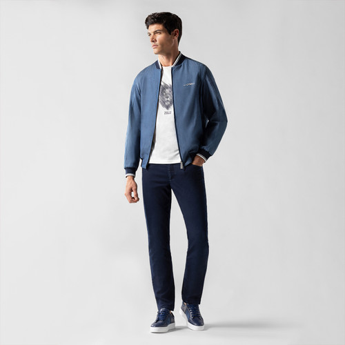 Bomber denim bleu marine, broderie « ZILLI Poem »