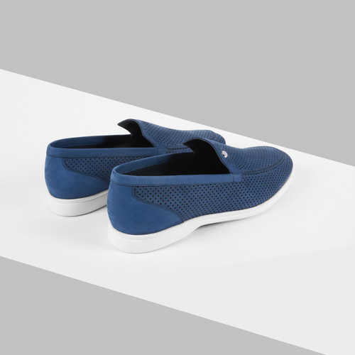 Denim-blue loafers in perforated suede calfskin and soft suede calfskin