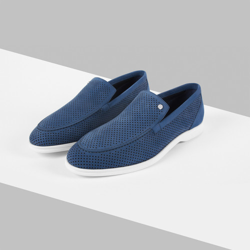 Denim-blue loafers in perforated suede calfskin and soft suede calfskin