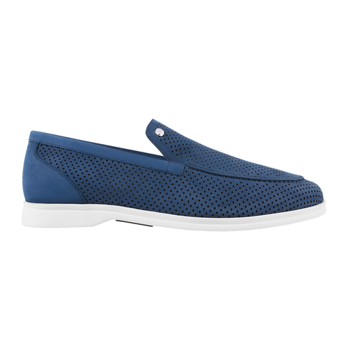 Denim-blue loafers in perforated suede calfskin and soft suede calfskin