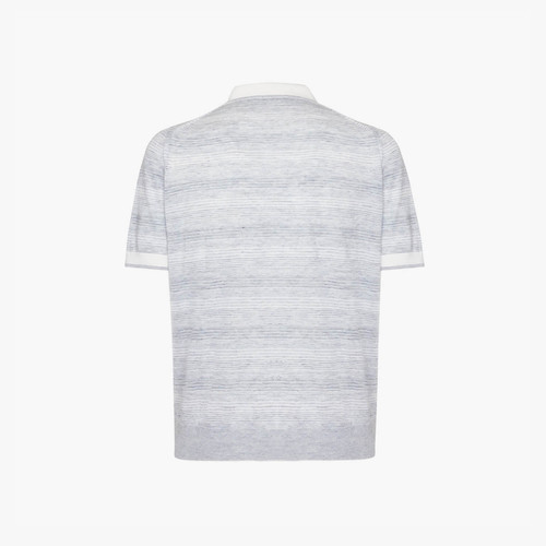 Denim-blue zipped polo shirt, "Horizontal Stripes" jacquard weave, crocodile detail Denim-blue zipped polo shirt, "Horizontal Stripes" jacquard weave, crocodile detail