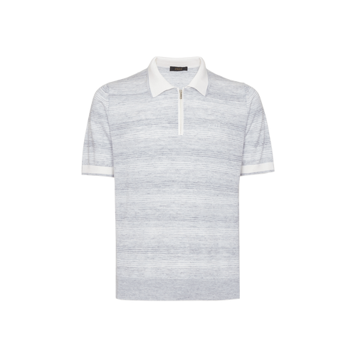 Polo zippé bleu jean, tissage jacquard « Horizontal Stripes », détail en crocodile
