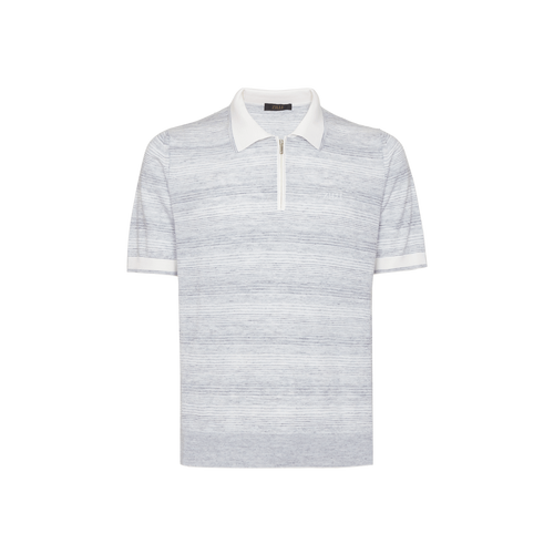 Denim-blue zipped polo shirt, "Horizontal Stripes" jacquard weave, crocodile detail Denim-blue zipped polo shirt, "Horizontal Stripes" jacquard weave, crocodile detail