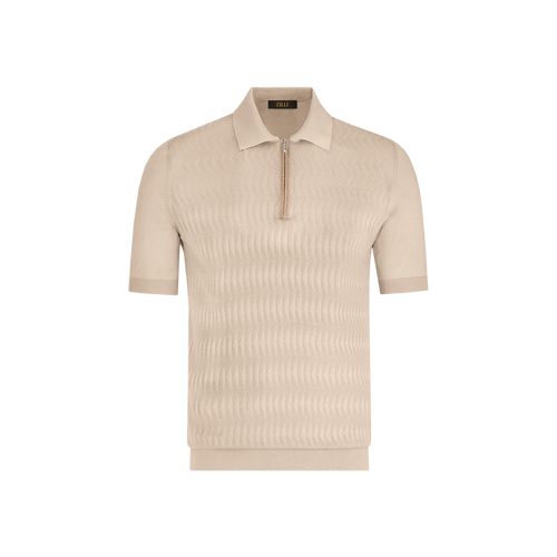 Natural beige zipped polo shirt, "Triangle Shappe" jacquard weave, crocodile detail Natural beige zipped polo shirt, "Triangle Shappe" jacquard weave, crocodile detail