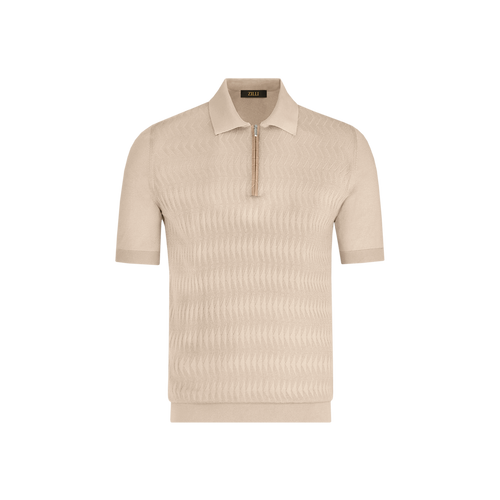 Natural beige zipped polo shirt, "Triangle Shappe" jacquard weave, crocodile detail Natural beige zipped polo shirt, "Triangle Shappe" jacquard weave, crocodile detail