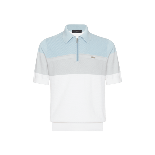 White zipped polo shirt, sky-blue and pearl-grey colour-block