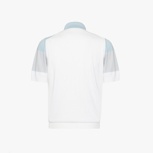 White zipped polo shirt, sky-blue and pearl-grey colour-block