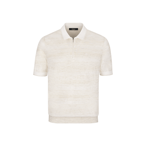 Sand-coloured zipped polo shirt, "Horizontal Stripes" jacquard weave, crocodile detail Sand-coloured zipped polo shirt, "Horizontal Stripes" jacquard weave, crocodile detail
