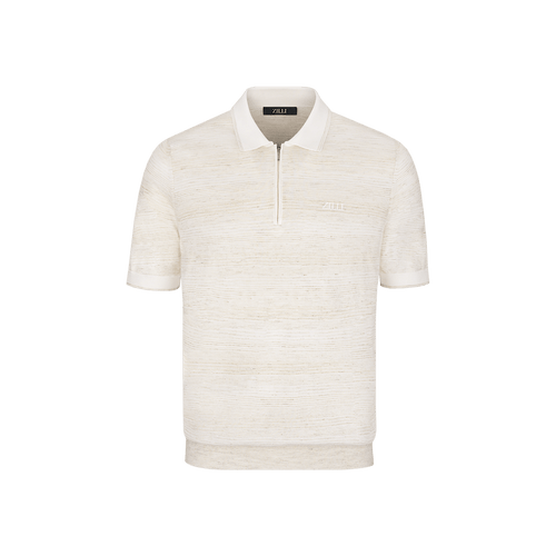 Sand-coloured zipped polo shirt, "Horizontal Stripes" jacquard weave, crocodile detail Sand-coloured zipped polo shirt, "Horizontal Stripes" jacquard weave, crocodile detail