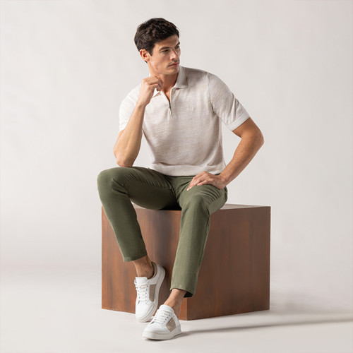 Sand-coloured zipped polo shirt, "Horizontal Stripes" jacquard weave,  crocodile detail Sand-coloured zipped polo shirt, "Horizontal Stripes" jacquard weave,  crocodile detail