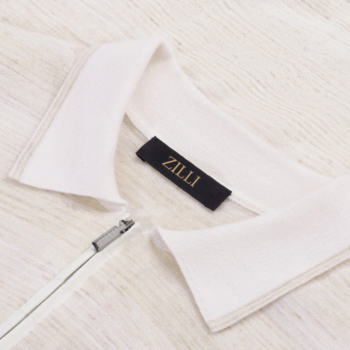 Sand-coloured zipped polo shirt, "Horizontal Stripes" jacquard weave,  crocodile detail