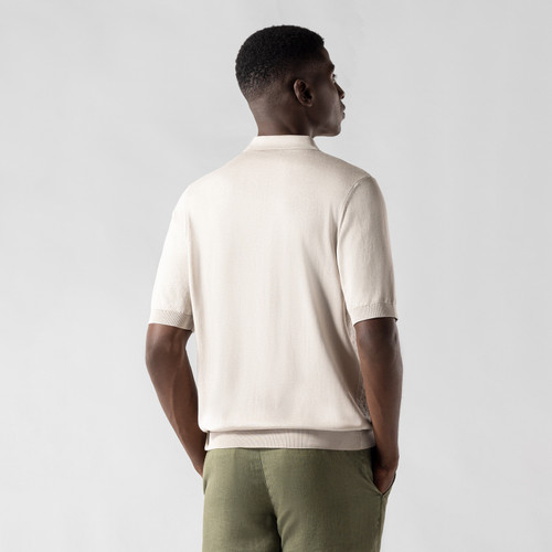 Natural beige zipped polo shirt, "Vanisé Mirage" jacquard weave
