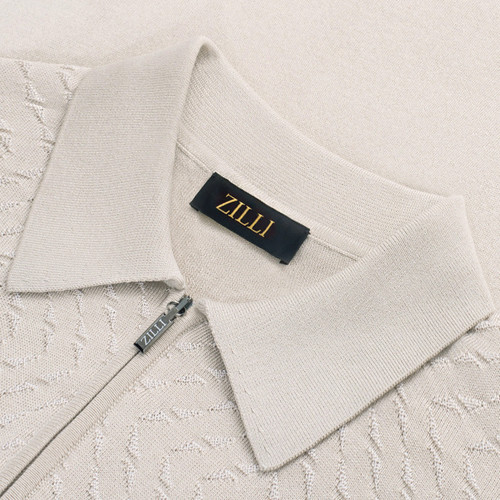 Natural beige zipped polo shirt, "Vanisé Mirage" jacquard weave Natural beige zipped polo shirt, "Vanisé Mirage" jacquard weave