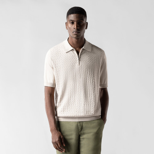 Natural beige zipped polo shirt, "Vanisé Mirage" jacquard weave