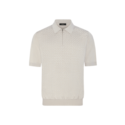 Natural beige zipped polo shirt, "Vanisé Mirage" jacquard weave