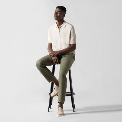 Natural beige zipped polo shirt, "Vanisé Mirage" jacquard weave