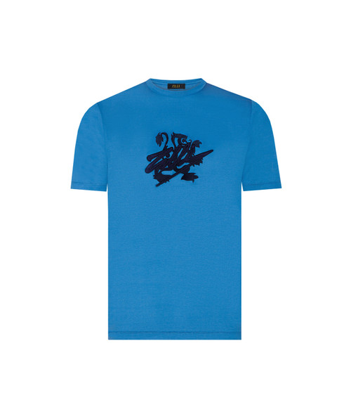 T-shirt bleu jean broderie "Lion Signature"