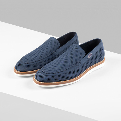 Denim blue loafers in perforated suede calfskin