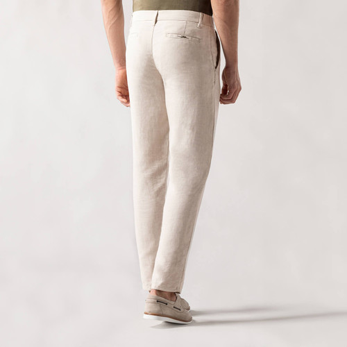 Pantalon beige en lin et soie, broderie « ZILLI Poem »